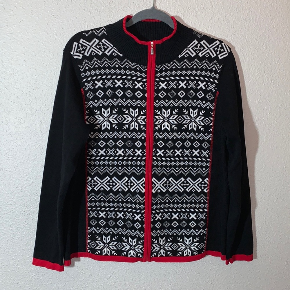 Christopher Banks snowflake print red blk white zip-up Christmas Sweater Sz L